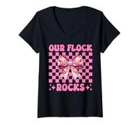 Womens Funny Flamingo Girl Mom Pink Coquette Bow Our Flock Rocks V-Neck T-Shirt