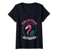 Women's Funny Flamingo Humor Confidence Mood Pink Attitude Activate V-Neck T-Shirt