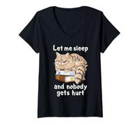 Womens Funny Fluffy Cat Sleeping On Books Let Me Sleep V-Neck T-Shirt