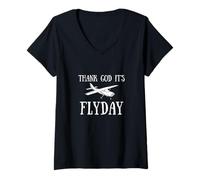 Womens Funny Flying Thank God It's Flyday Airplane Pilot V-Neck T-Shirt