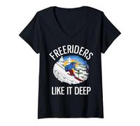 Women's Funny Freeriding Alpine Skiing Freeriders Like It Deep V-Neck T-Shirt