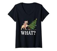 Womens Funny French Bulldog Pushing Christmas Tree Over Dog What? V-Neck T-Shirt