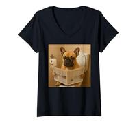 Womens Funny French Bulldog Sitting on The Toilet Reading Newspaper V-Neck T-Shirt