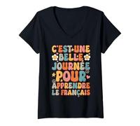 Womens Funny French Language Francais Retro Groovy French Saying V-Neck T-Shirt