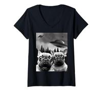 Womens Funny Frenchie UFO Selfie V-Neck T-Shirt