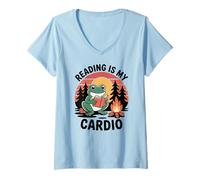 Women's Funny Frog At The Campfire Reading a Book Camping Nature V-Neck T-Shirt