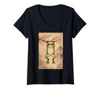 Women's Funny Frog Cherry Blossom Edo Vintage Japanese Ukiyo-E Art V-Neck T-Shirt