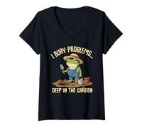 Women's Funny Frog Gardener Quote I Bury Problems Deep in The Garden V-Neck T-Shirt