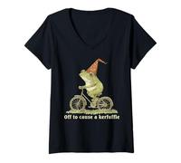 Womens Funny Frog Graphic Off to Cause a Kerfuffle V-Neck T-Shirt