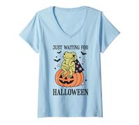 Womens Funny Frog Sitting on Pumpkin Just Waiting for Halloween V-Neck T-Shirt