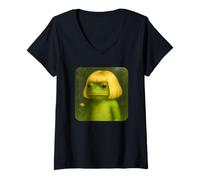 Womens Funny Frog with a Bob Haircut Blond Frog Meme Wig V-Neck T-Shirt