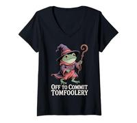 Women's Funny Frog Wizard Off to Commit Tomfoolery Frog Meme Fantasy V-Neck T-Shirt