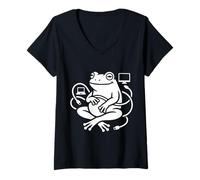 Women's Funny Frog Work from Home Humor Remote Job Animal Graphic V-Neck T-Shirt
