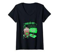 Women's Funny Fueled by Coffee Sarcastic Green Leopard Shy Introvert V-Neck T-Shirt
