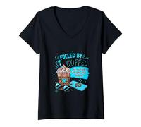 Women's Funny Fueled by Coffee Sarcastic Teal Leopard Shy Introvert V-Neck T-Shirt