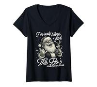 Womens Funny Gag Christmas Santa Only Here for Ho's and Cocktails V-Neck T-Shirt