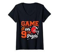 Womens Funny Games On Ninth Grade Football First Day Of School V-Neck T-Shirt