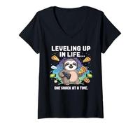 Women's Funny Gaming Sloth Life Snacks Controller Headset Design V-Neck T-Shirt