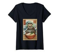 Women's Funny Gaming Sloth Ramen Retro Japanese Wave Gamer Animal V-Neck T-Shirt
