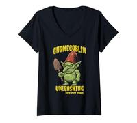 Women's Funny Garden Gnome Goblin Grumpy Fantasy Trowel Design V-Neck T-Shirt