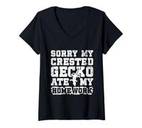 Women's Funny Gecko Lover Crested Gecko Ate My Homework V-Neck T-Shirt