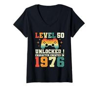 Womens Funny Geek Level 50 Years 1976 50th Birthday Gamer V-Neck T-Shirt
