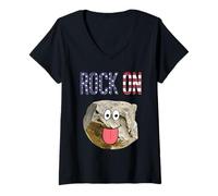 Womens Funny Geology Cartoon Rock with “Rock On” Flag Letters V-Neck T-Shirt