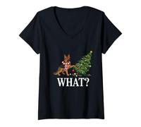 Womens Funny German Shepherd Pushing Christmas Tree Over Dog What? V-Neck T-Shirt