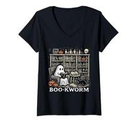 Womens Funny Ghost Bookworm Boo-Kworm Halloween Reading Book Lover V-Neck T-Shirt
