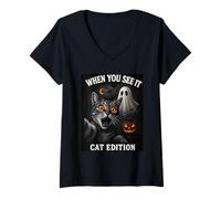 Womens Funny Ghost Cat Meme Halloween Selfie Spooky Costume V-Neck T-Shirt