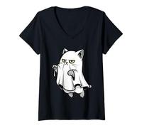 Womens Funny Ghost Cat Meme Tee Sarcastic Halloween Cat Lover V-Neck T-Shirt