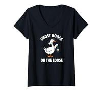 Womens Funny Ghost Goose On The Loose Pun Halloween Lover Costume V-Neck T-Shirt