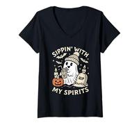 Womens Funny Ghost Halloween Drinking Spirits Spooky Present V-Neck T-Shirt