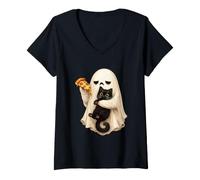 Women's Funny Ghost Holding Black Cat Pizza Slice Halloween V-Neck T-Shirt
