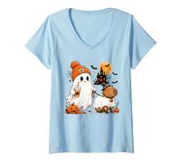 Women's Funny Ghost Walking Capybara Ghost Halloween Spooky Animal V-Neck T-Shirt