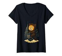 Womens Funny Giant Cat in City Cute Monster Kitty Graphic V-Neck T-Shirt