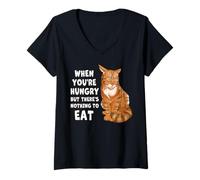 Womens Funny Ginger Tabby Cat Hungry Mood Humor V-Neck T-Shirt