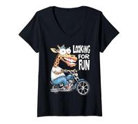 Womens Funny giraffe on a motorcycle with Looking for Fun Say. By V-Neck T-Shirt