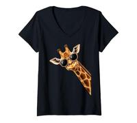 Women's Funny Giraffe with Sunglasses Peekaboo Zoo Animal Peeking V-Neck T-Shirt