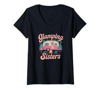 Womens Funny Glamping Sisters Camping V-Neck T-Shirt