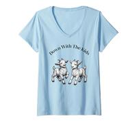 Women's Funny Goat Energy Vintage Joyful Down with the Kids Farm V-Neck T-Shirt