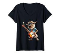 Women's Funny Goat Rocker Playing Electric Guitar Musician V-Neck T-Shirt