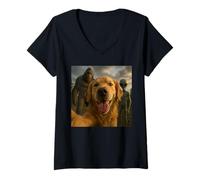 Womens Funny Golden Retriever Dog Selfie with Alien & Bigfoot V-Neck T-Shirt