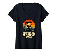 Womens Funny Golfing Panda Graphic - Driving My Problems Away V-Neck T-Shirt
