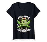 Women's Funny Good Buds Stick Together Couples 420 Cannabis Love V-Neck T-Shirt