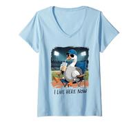Women's Funny Goose Baseball Stadium Spectator I Live Here Now V-Neck T-Shirt