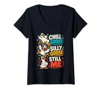 Women's Funny Goose Chill Silly Mood Cartoon Humor Design V-Neck T-Shirt