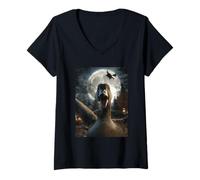 Womens Funny Goose Selfie Full Moon Flying Witch Forest Halloween V-Neck T-Shirt