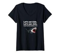 Womens Funny Grammar Shark Lets Eat Kids Punctuation Saves Lives V-Neck T-Shirt