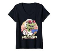 Women's Funny Grandma Nana Saurus Nanasaurus Retro Graphic Dinosaur V-Neck T-Shirt